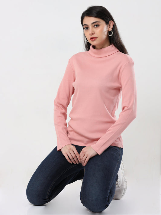 High Neck Full Sleeve Women's T-Shirt - pink