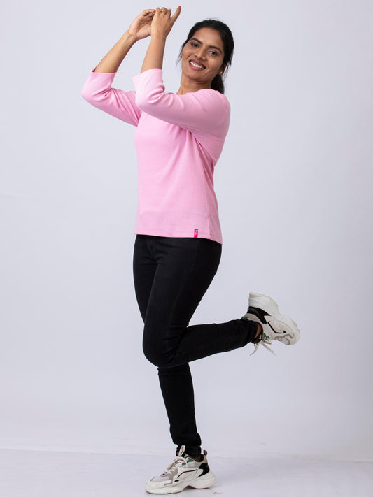 Women's V Neck Rib Fabric Stretchy Winter T-Shirt - Pink