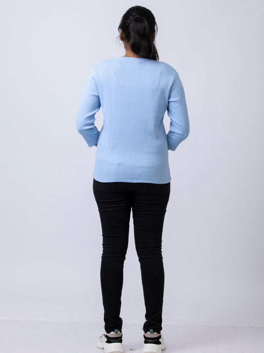 Women's V Neck Rib Fabric Stretchy Winter T-Shirt - Blue