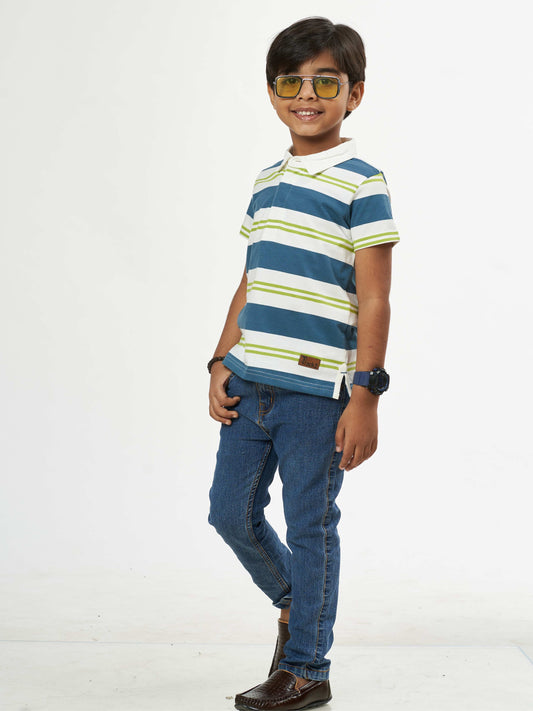 Boys White Blue Stripes Boys Cotton T-Shirt