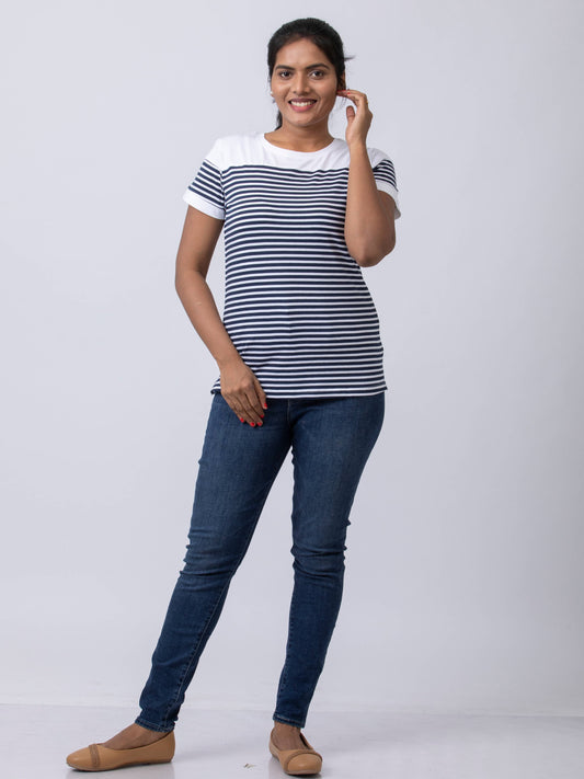 Soft & Premium Women's Printed Cotton T-Shirt - Navy/White