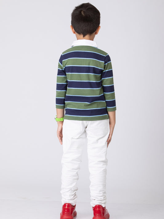 Preppy Boys Stipes Collar T-Shirt Green Navy Combo
