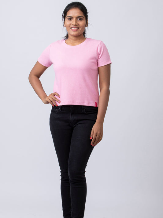 Women's Round Neck Rib Fabric Stretchy Winter T-Shirt - Pink