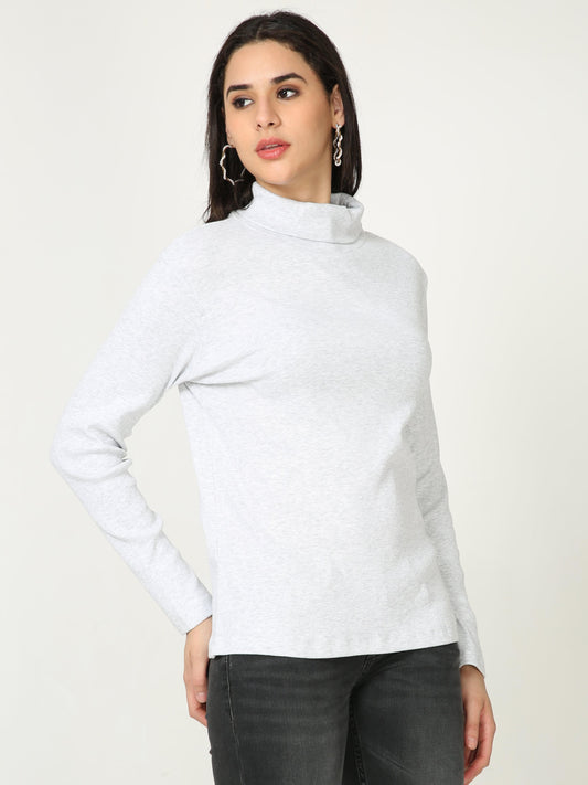High Neck Full Sleeve Women's T-Shirt - Grey