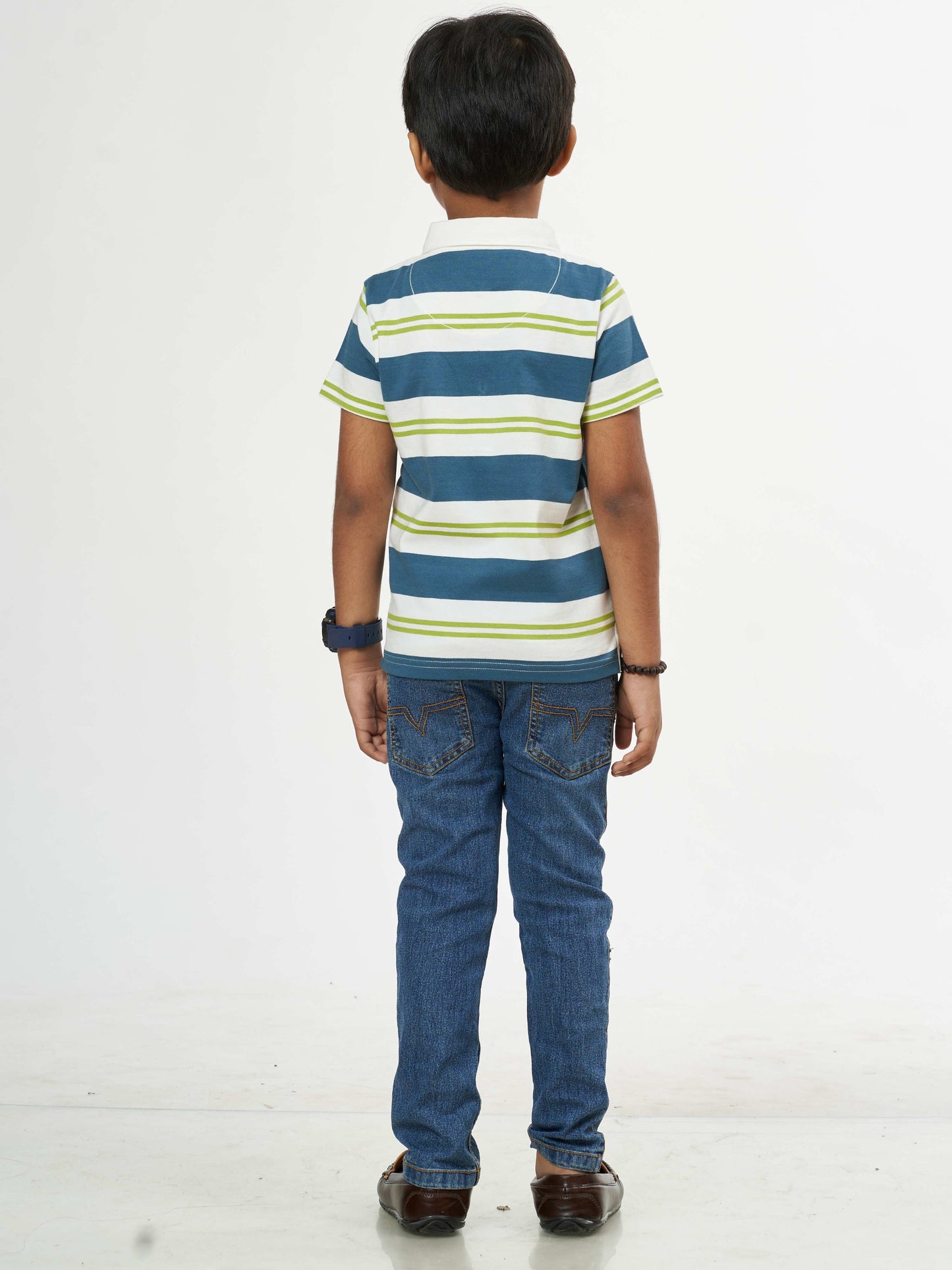 Boys White Blue Stripes Boys Cotton T-Shirt