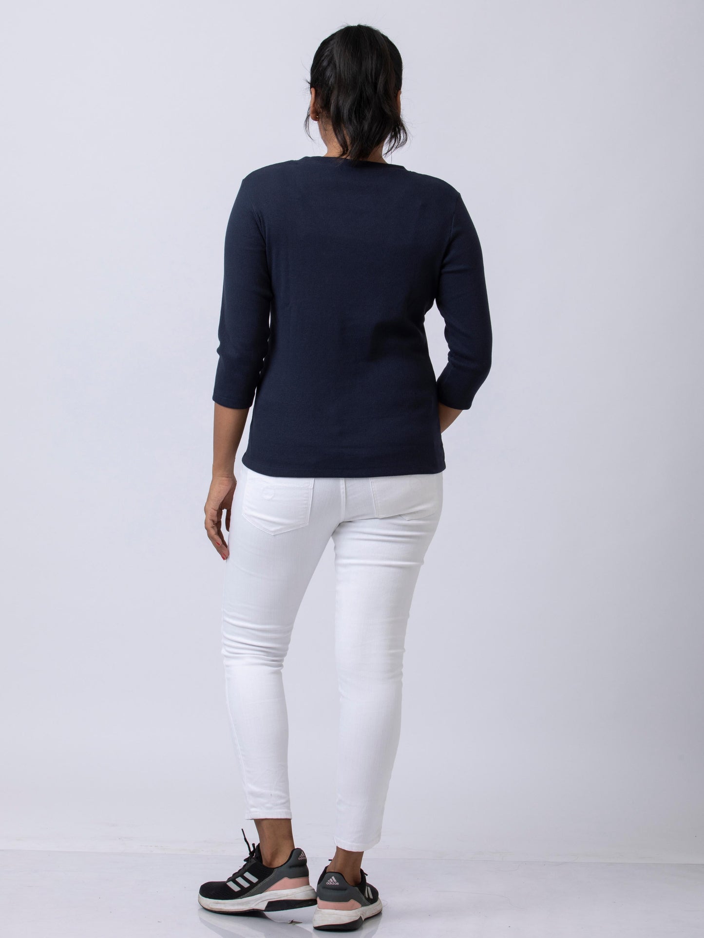 Women's V Neck Rib Fabric Stretchy Winter T-Shirt - Navy