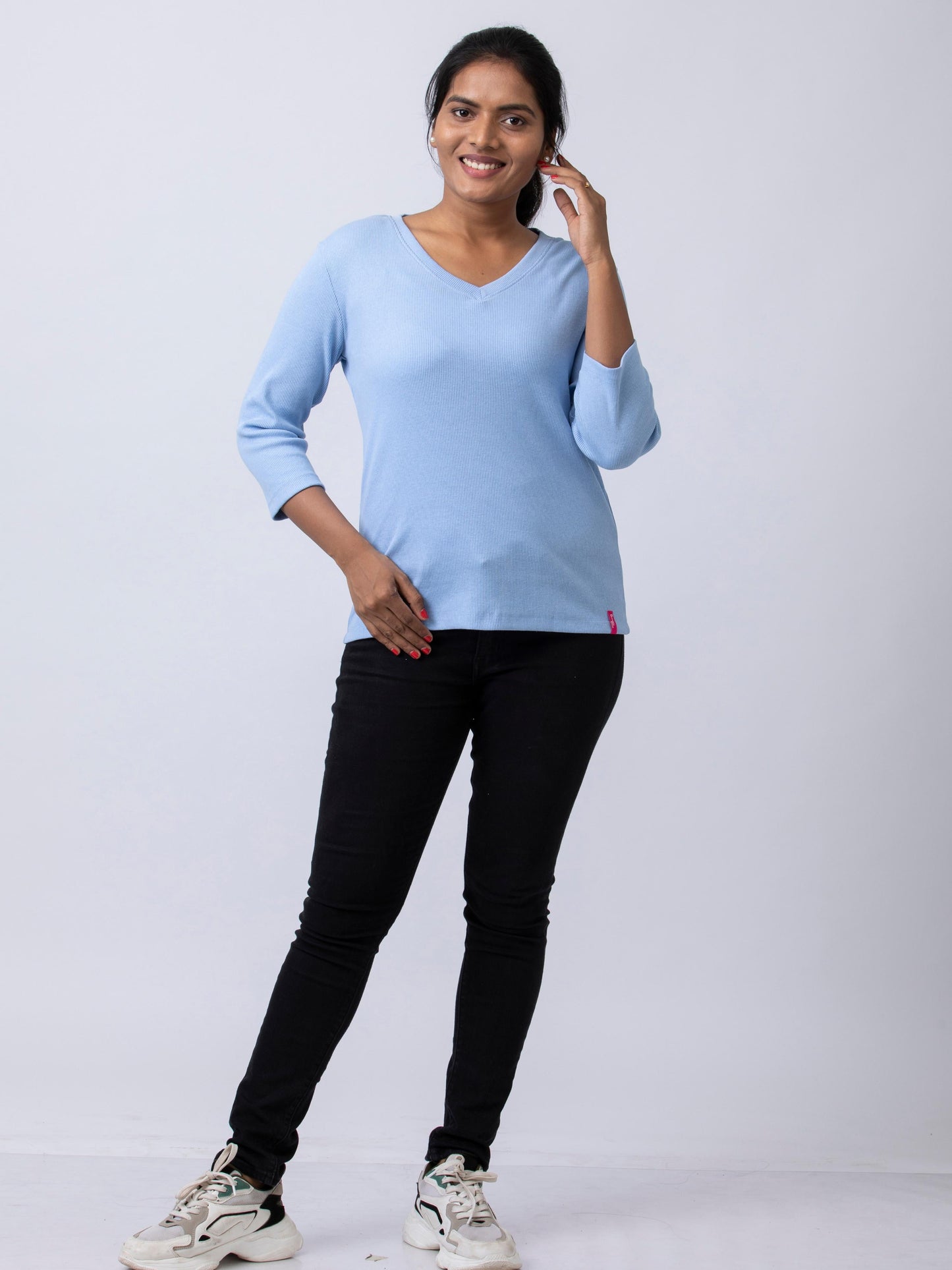 Women's V Neck Rib Fabric Stretchy Winter T-Shirt - Blue