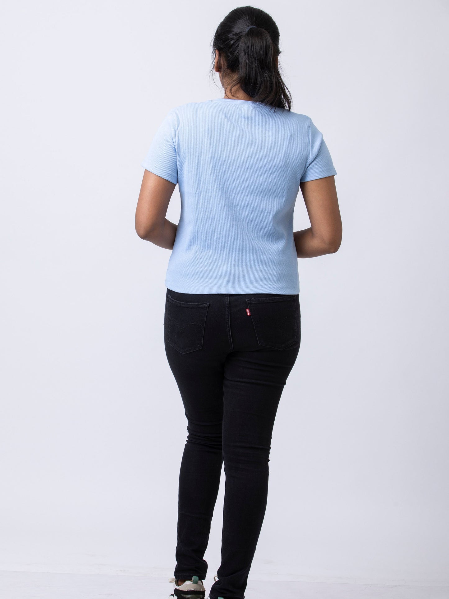 Women's Round Neck Rib Fabric Stretchy Winter T-Shirt - Blue