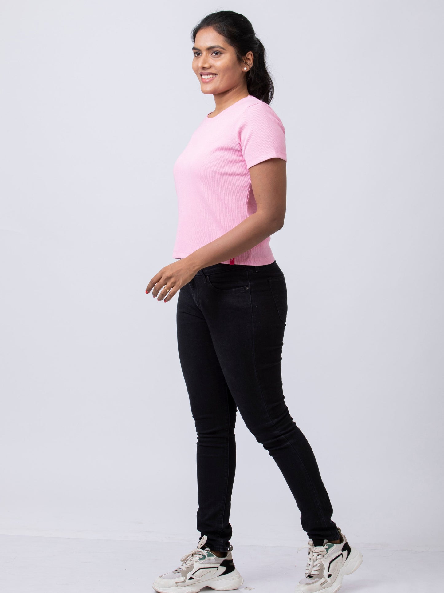 Women's Round Neck Rib Fabric Stretchy Winter T-Shirt - Pink