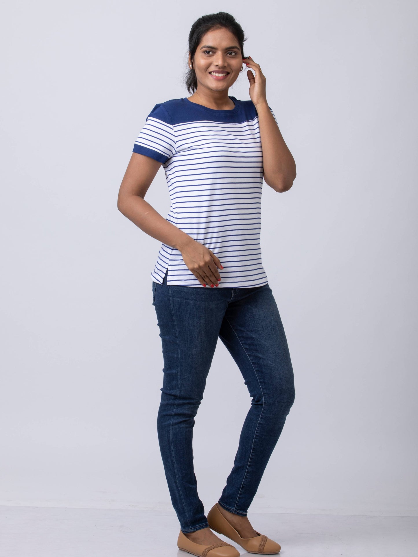 Soft & Premium Women's Printed Cotton T-Shirt - White/Navy