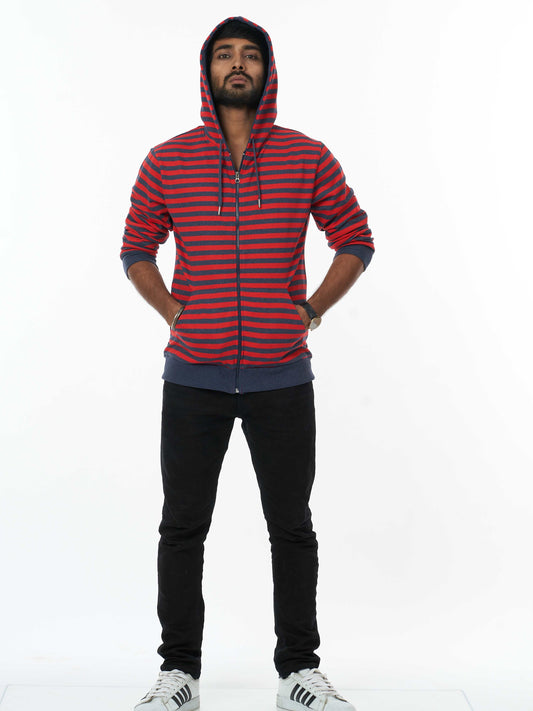 Stylish Men's Hooded Sweatshirt- Black Red Stripes