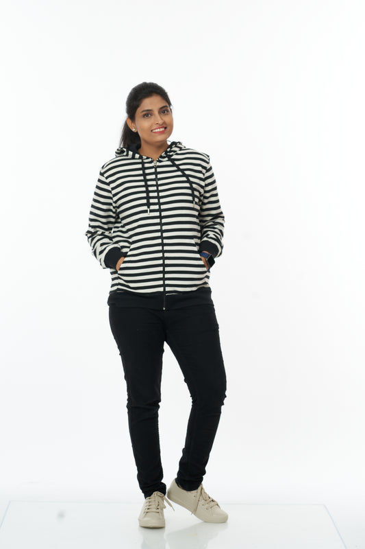 Cozy Comfort Women's Hooded Sweatshirt black stripes