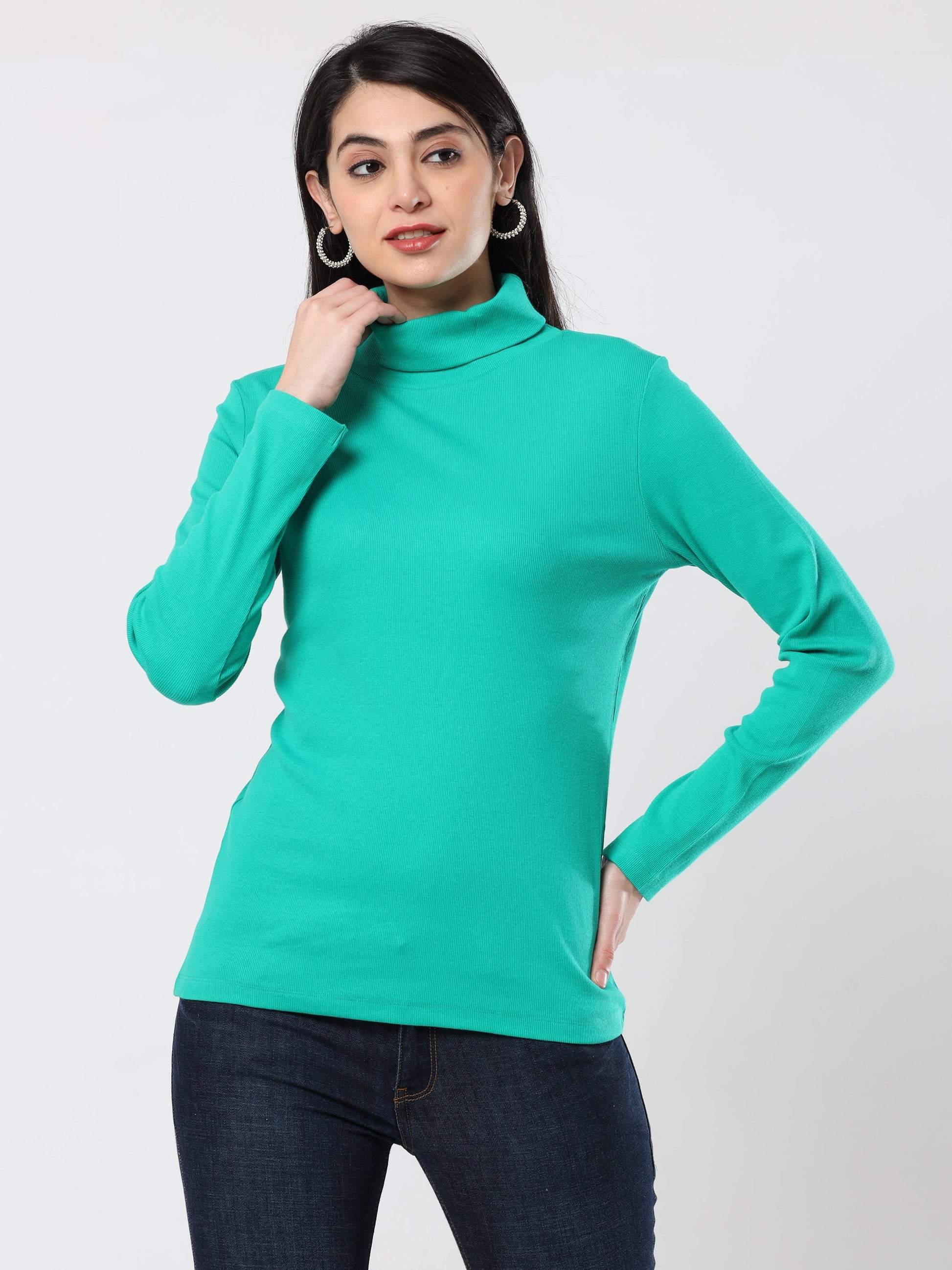 High Neck Full Sleeve Women's T-Shirt Green