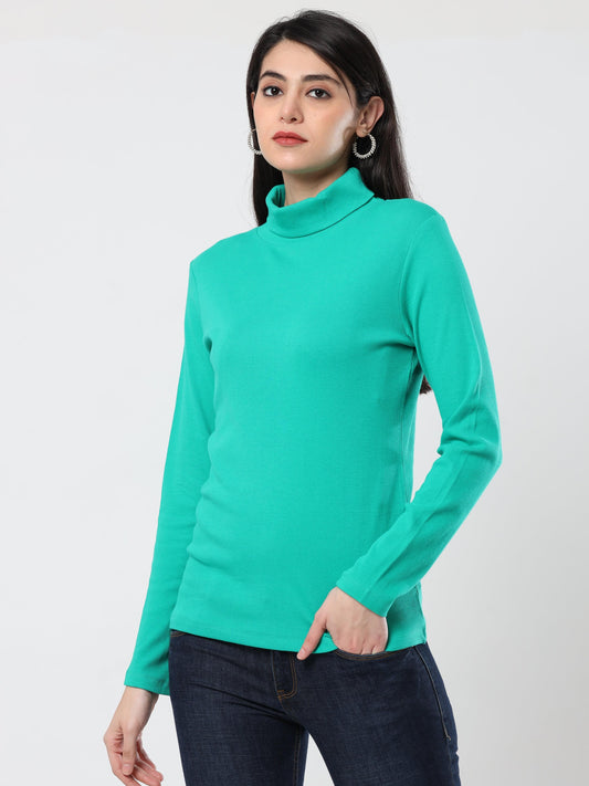 High Neck Full Sleeve Women's T-Shirt Green
