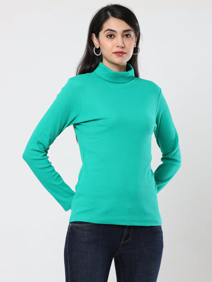 High Neck Full Sleeve Women's T-Shirt Green