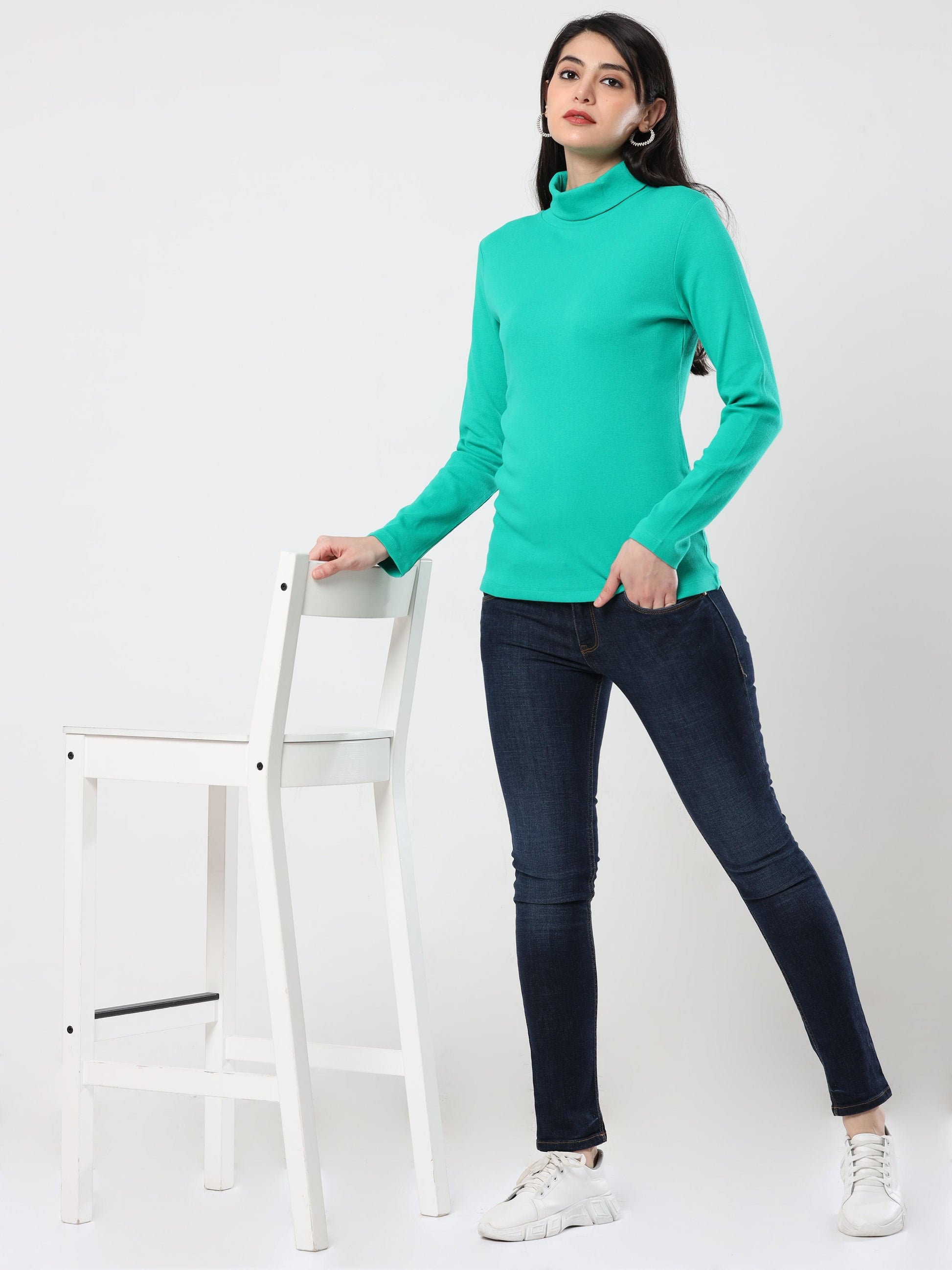 High Neck Full Sleeve Women's T-Shirt Green