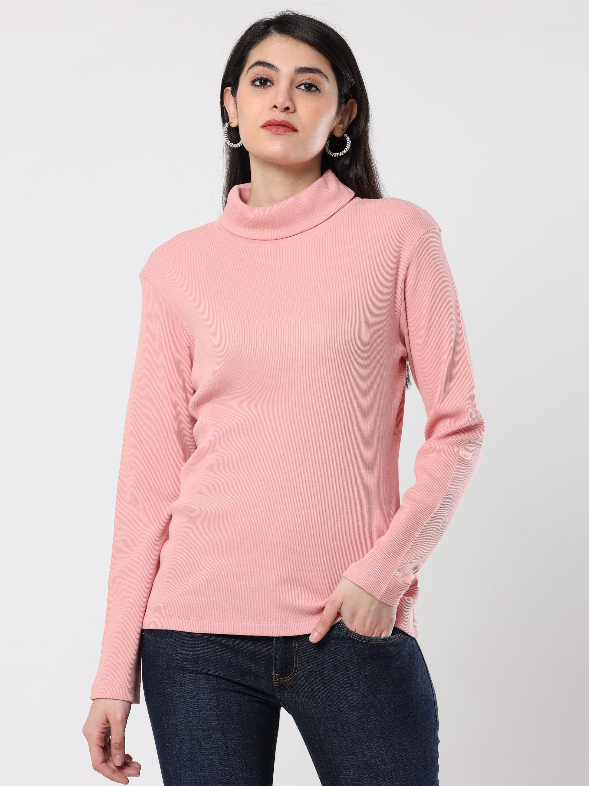 High Neck Full Sleeve Women's T-Shirt - pink