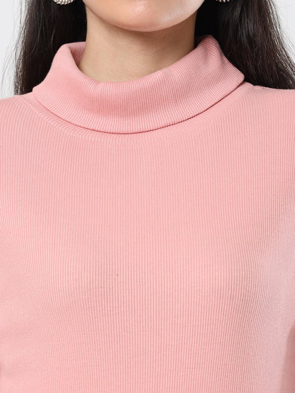 High Neck Full Sleeve Women's T-Shirt - pink