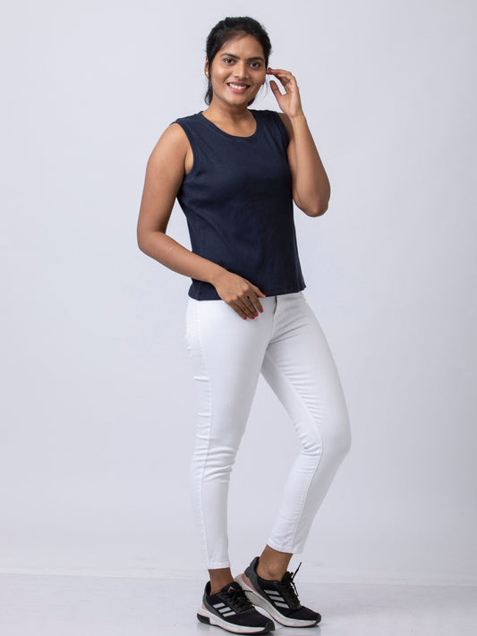 Women's Sleeve Less Round Neck Rib Fabric Stretchy Winter T-Shirt - Navy