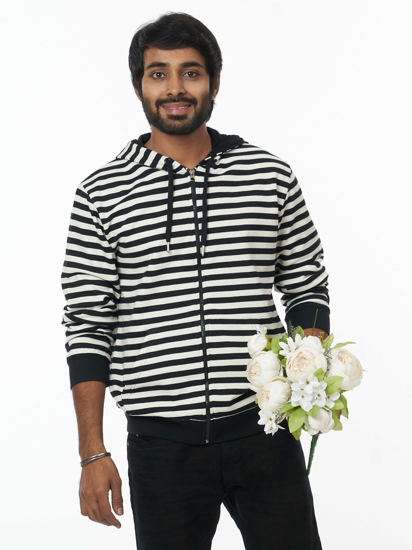 Stylish Men's Hooded Sweatshirt- Black White Stripes