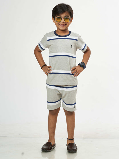 Melange Blue Stripes Boys pure Cotton Co-Ords Set