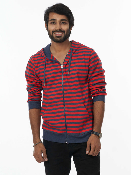 Stylish Men's Hooded Sweatshirt- Black Red Stripes