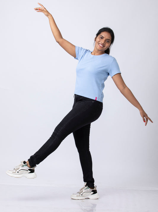 Women's Round Neck Rib Fabric Stretchy Winter T-Shirt - Blue