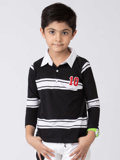 Preppy Boys Stipes Collar T-Shirt Black White Combo