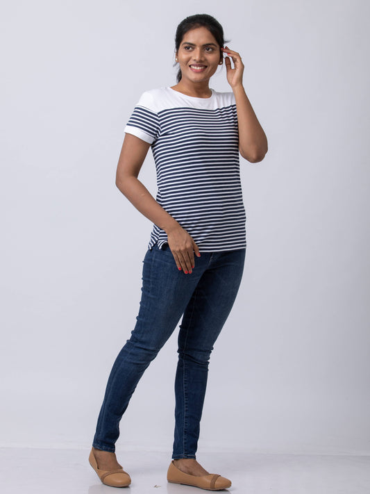 Soft & Premium Women's Printed Cotton T-Shirt - Navy/White