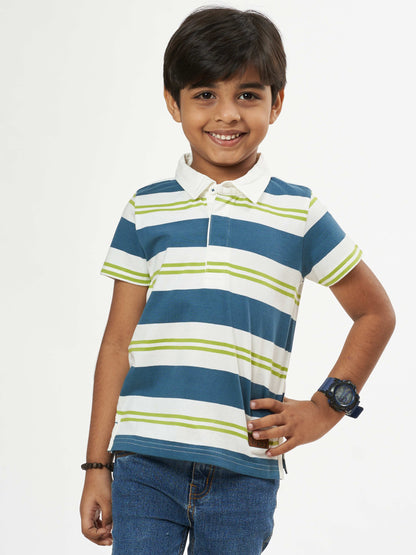 Boys White Blue Stripes Boys Cotton T-Shirt