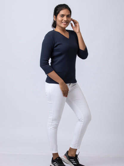 Women's  V Neck Rib Fabric Stretchy Winter T-Shirt - Navy