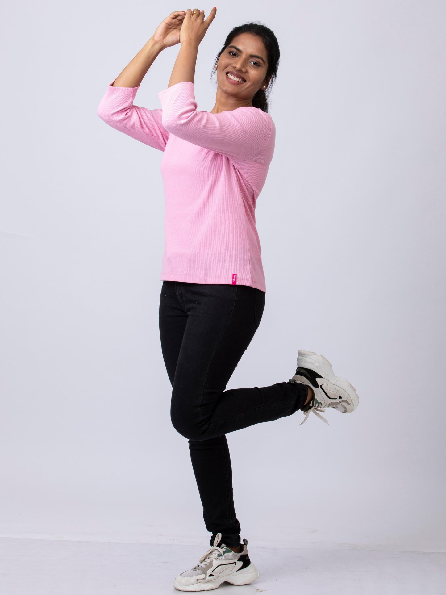 Women's  V Neck Rib Fabric Stretchy Winter T-Shirt - Pink