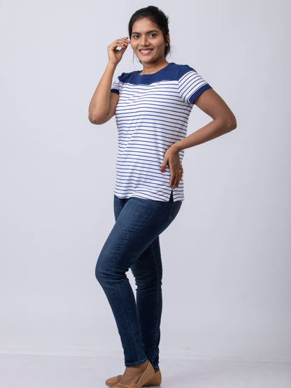 Soft & Premium Women's Printed Cotton T-Shirt - White/Navy