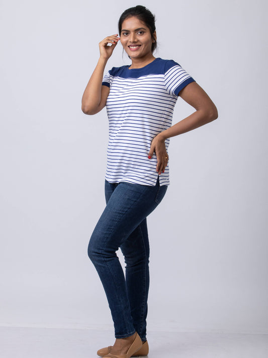Soft & Premium Women's Printed Cotton T-Shirt - White/Navy