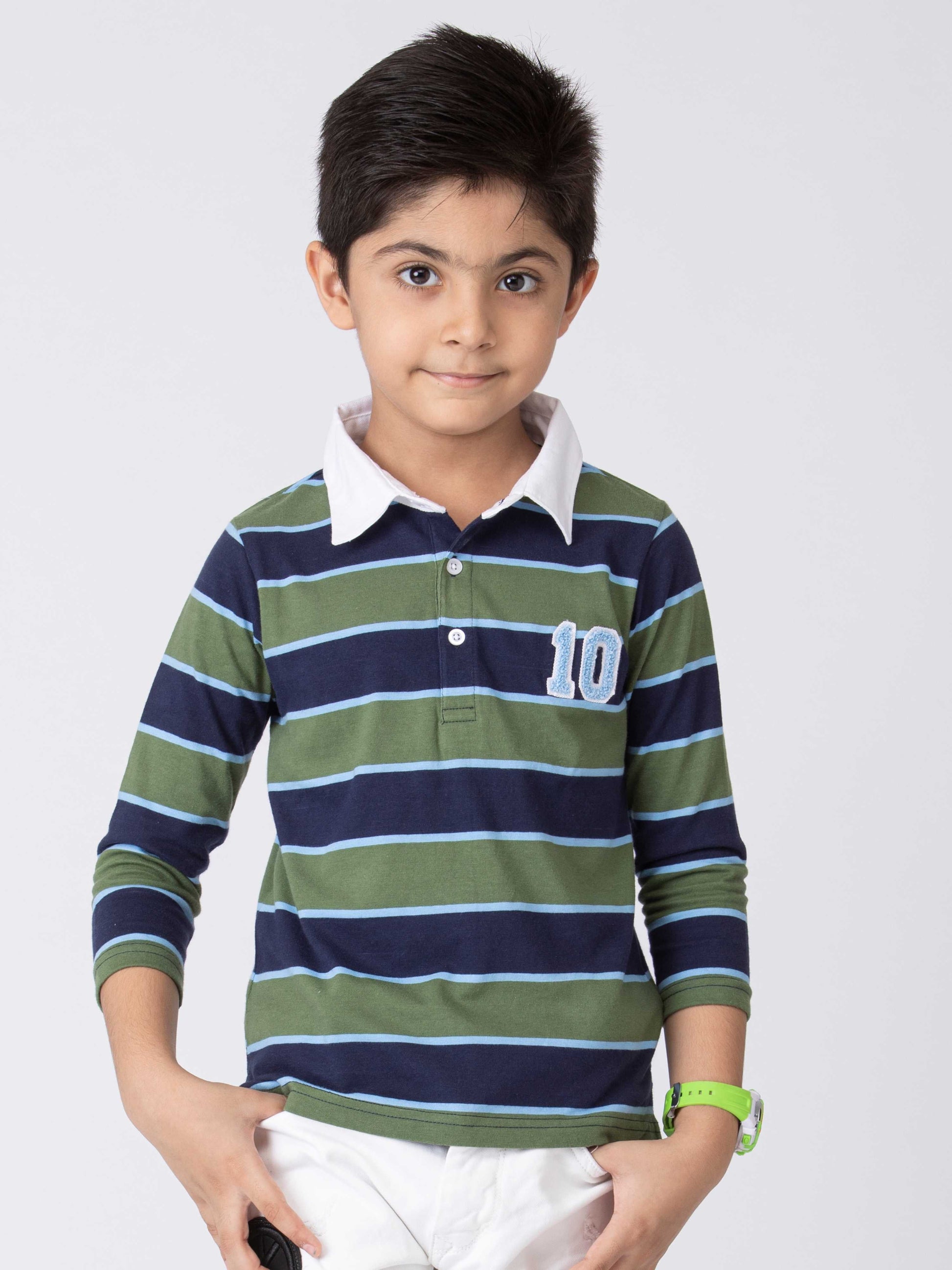 Preppy Boys Stipes Collar T-Shirt Green Navy Combo
