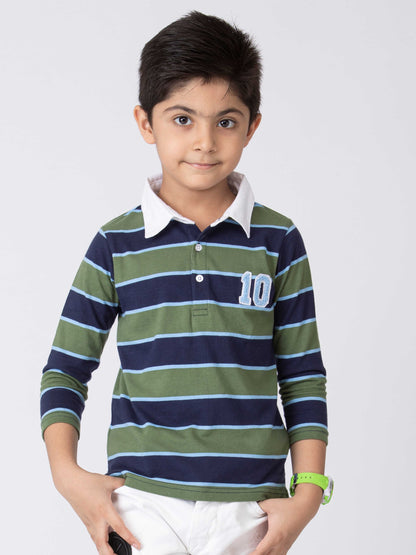 Preppy Boys Stipes Collar T-Shirt Green Navy Combo