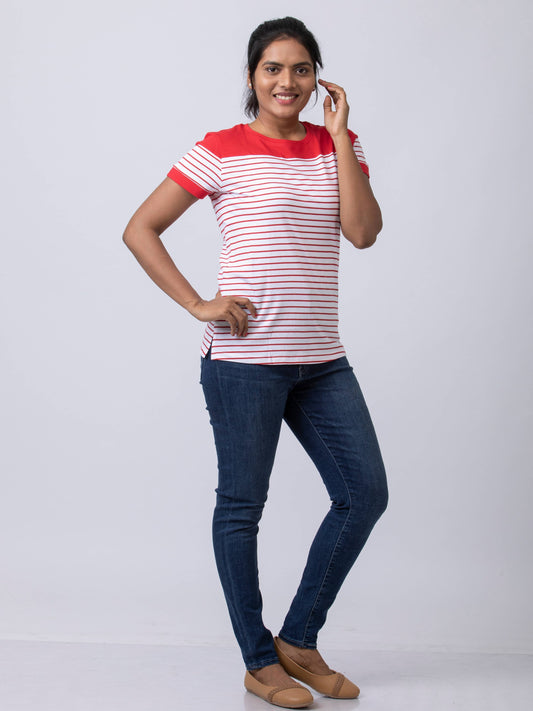 Soft & Premium Women's Printed Cotton T-Shirt - White/Red