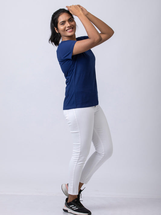 Soft & Premium Women's Printed Cotton T-Shirt - Deep Blue