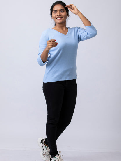 Women's  V Neck Rib Fabric Stretchy Winter T-Shirt - Blue