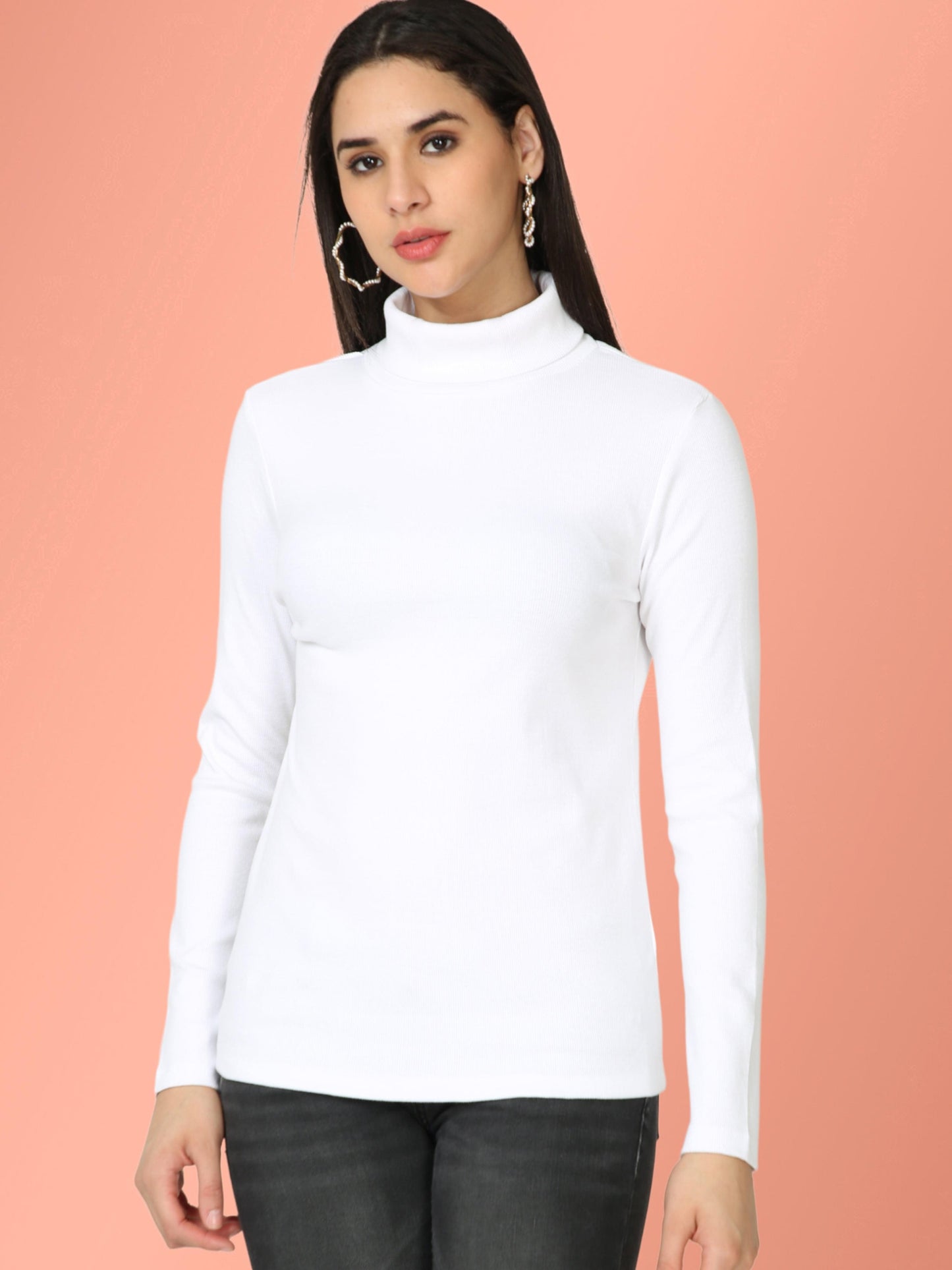 High Neck Full Sleeve Women's T-Shirt - White