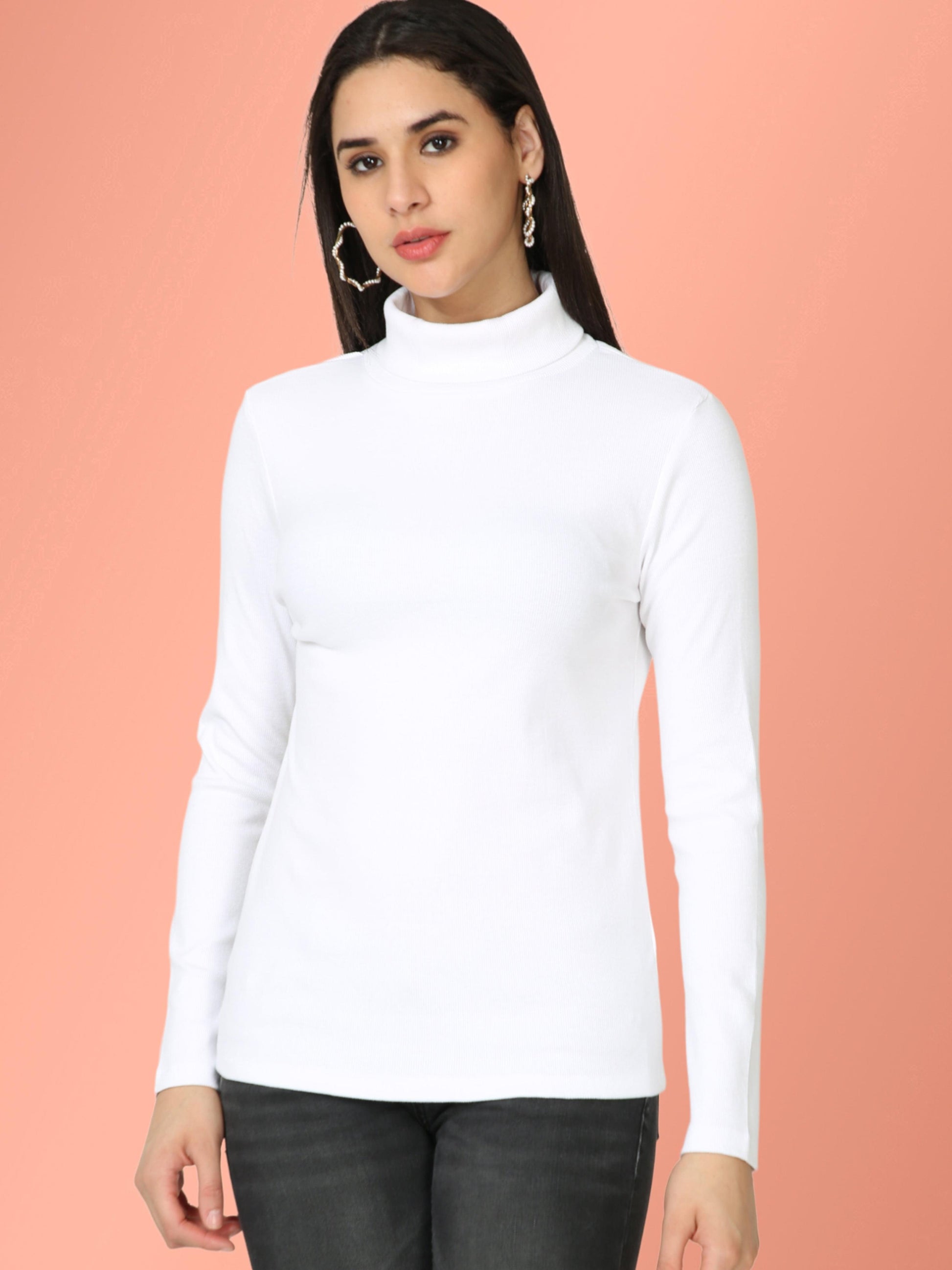 High Neck Full Sleeve Women's T-Shirt - White