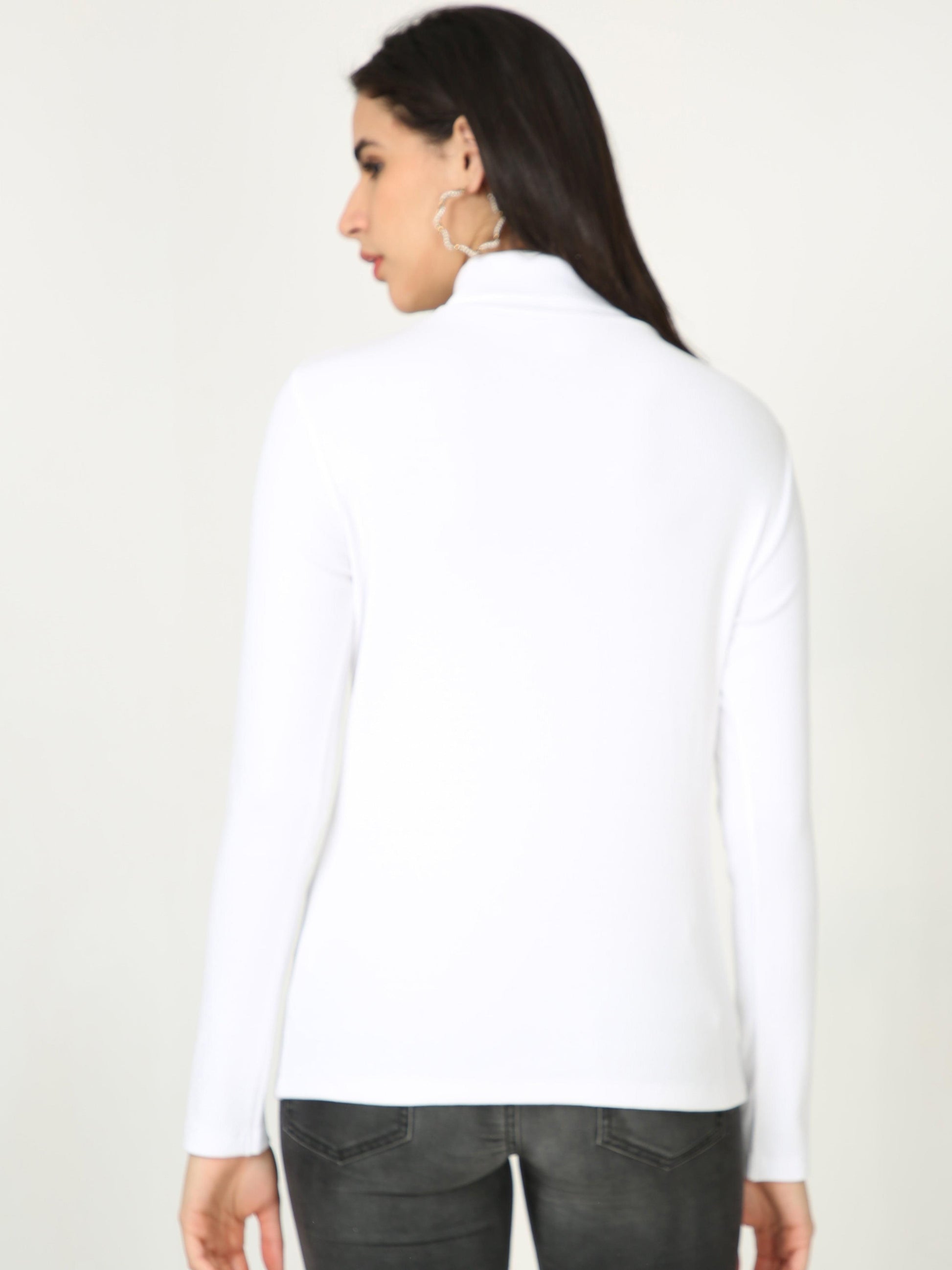 High Neck Full Sleeve Women's T-Shirt - White