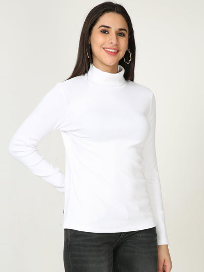 High Neck Full Sleeve Women's T-Shirt - White