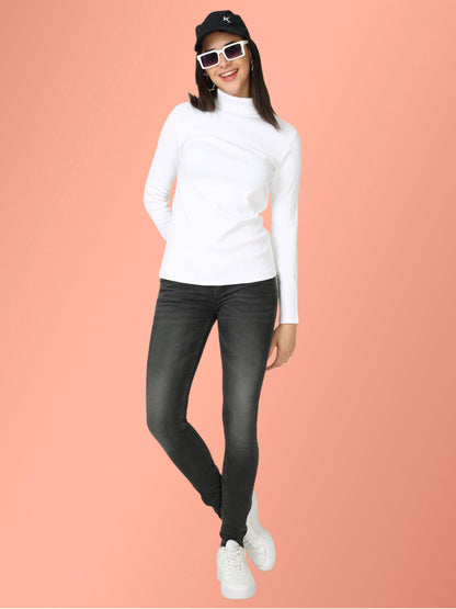 High Neck Full Sleeve Women's T-Shirt - White