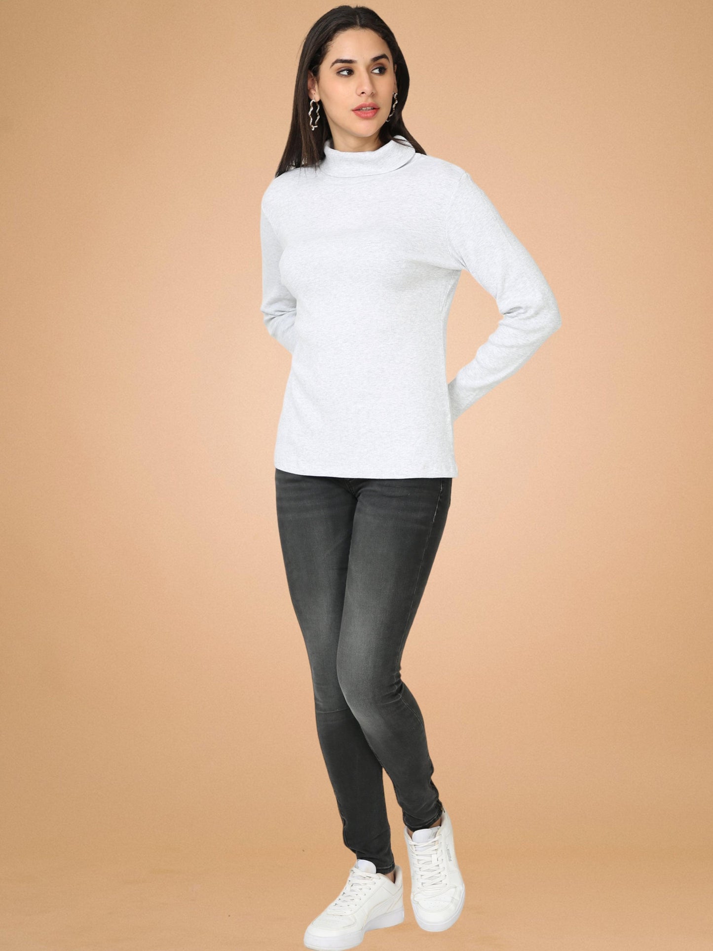 High Neck Full Sleeve Women's T-Shirt - Grey