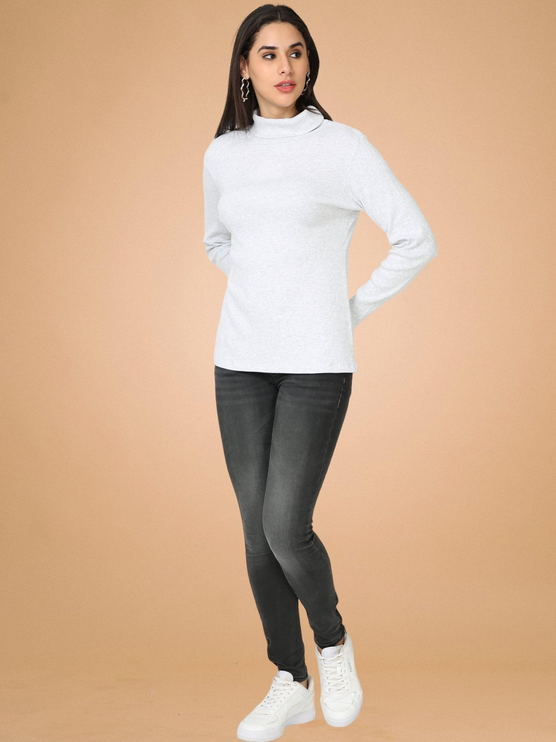 High Neck Full Sleeve Women's T-Shirt - Grey