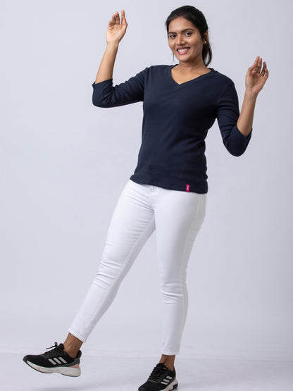 Women's  V Neck Rib Fabric Stretchy Winter T-Shirt - Navy