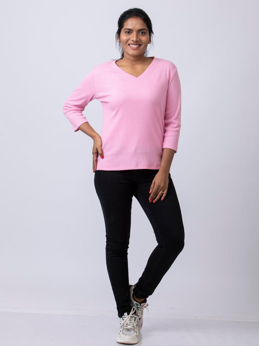 Women's  V Neck Rib Fabric Stretchy Winter T-Shirt - Pink