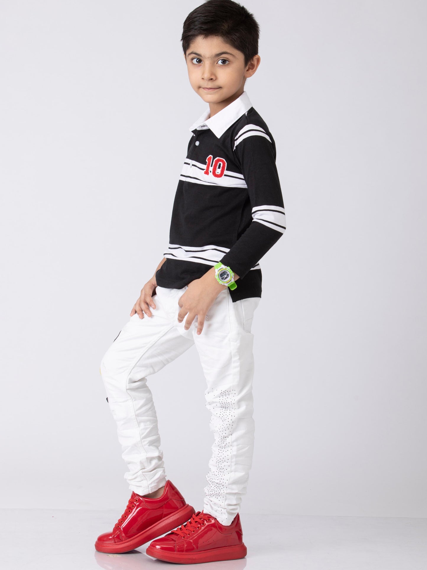 Preppy Boys Stipes Collar T-Shirt Black White Combo