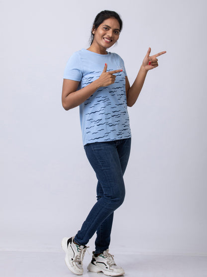Soft & Premium Women's Printed Cotton T-Shirt - Blue Waves